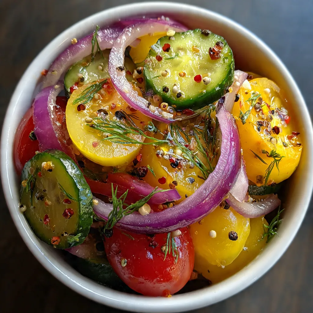 Crisp pickled vegetables glistening with vinegar brine and peppercorns, ready to eat from a white bowl