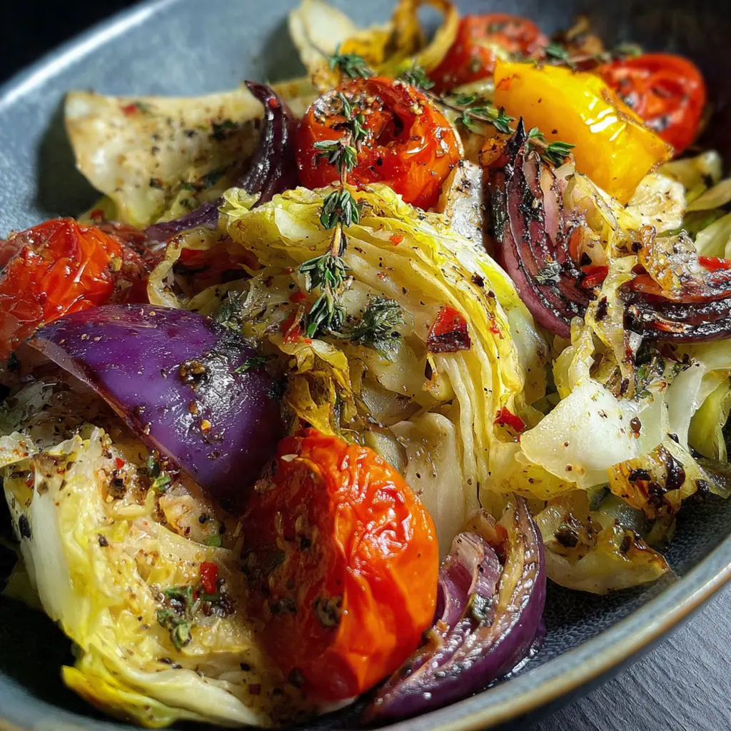 Close-up of tahini drizzle being spooned over roasted vegetables with fresh herbs and sunflower seeds