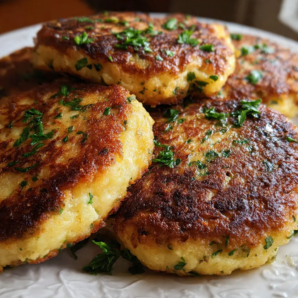 Overhead shot of a comforting dinner plate featuring potato meat pancakes, green beans, and applesauce