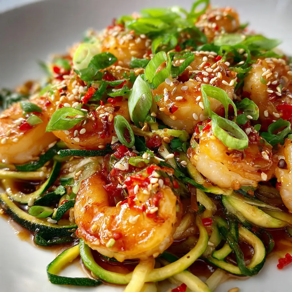 A bright dinner plate featuring teriyaki shrimp zucchini noodles with a lime wedge and sprinkle of red pepper flakes on the side.
