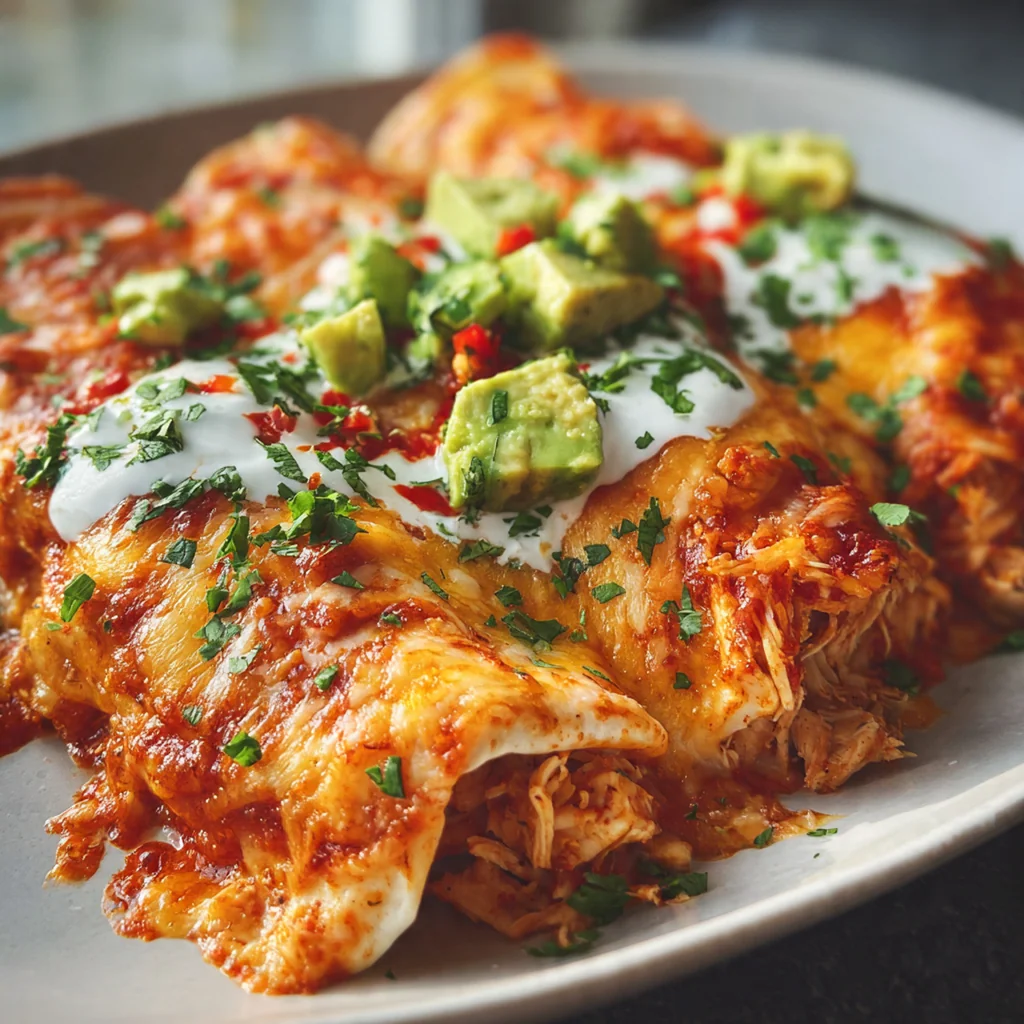 Close-up of a fork lifting a cheesy enchilada filled with shredded chicken and topped with fresh cilantro