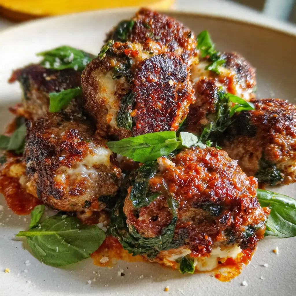 A family-style dinner plate with spinach garlic meatballs mozzarella served over spaghetti with a side salad and garlic bread