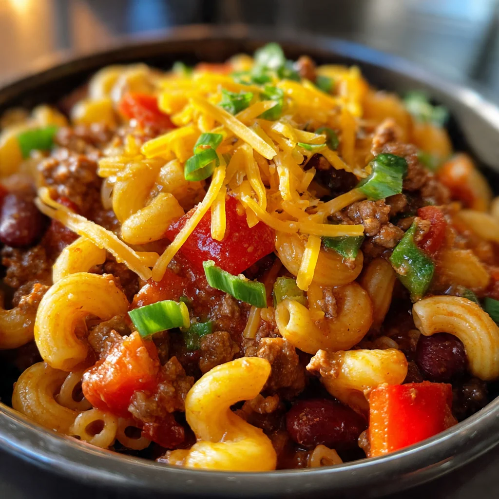 Close-up of a spoon pulling up creamy, cheesy elbow macaroni mixed with ground beef and red kidney beans