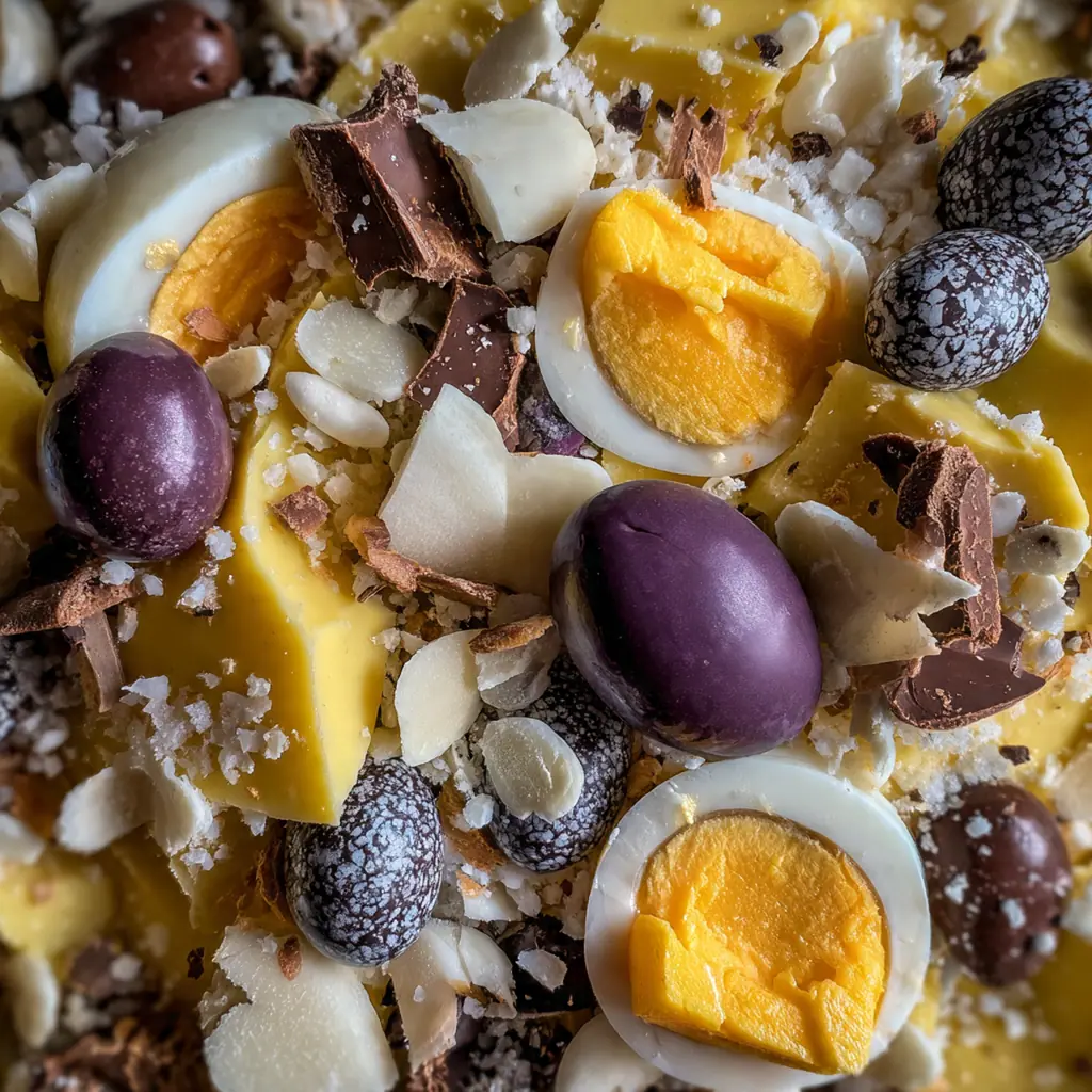 Festive platter of Easter fudge squares decorated with pastel sprinkles and colorful Cadbury eggs