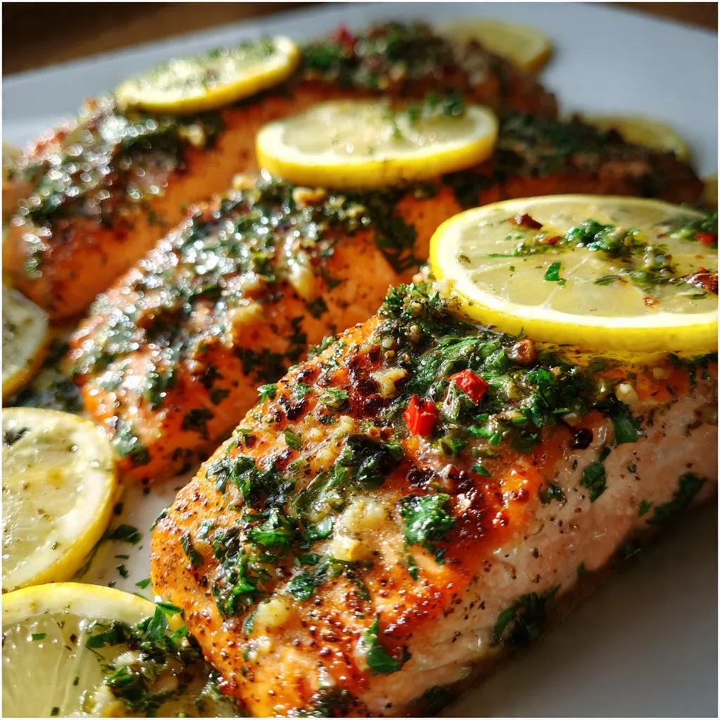 A complete dinner plate with garlic butter salmon, roasted asparagus, and lemon wedges