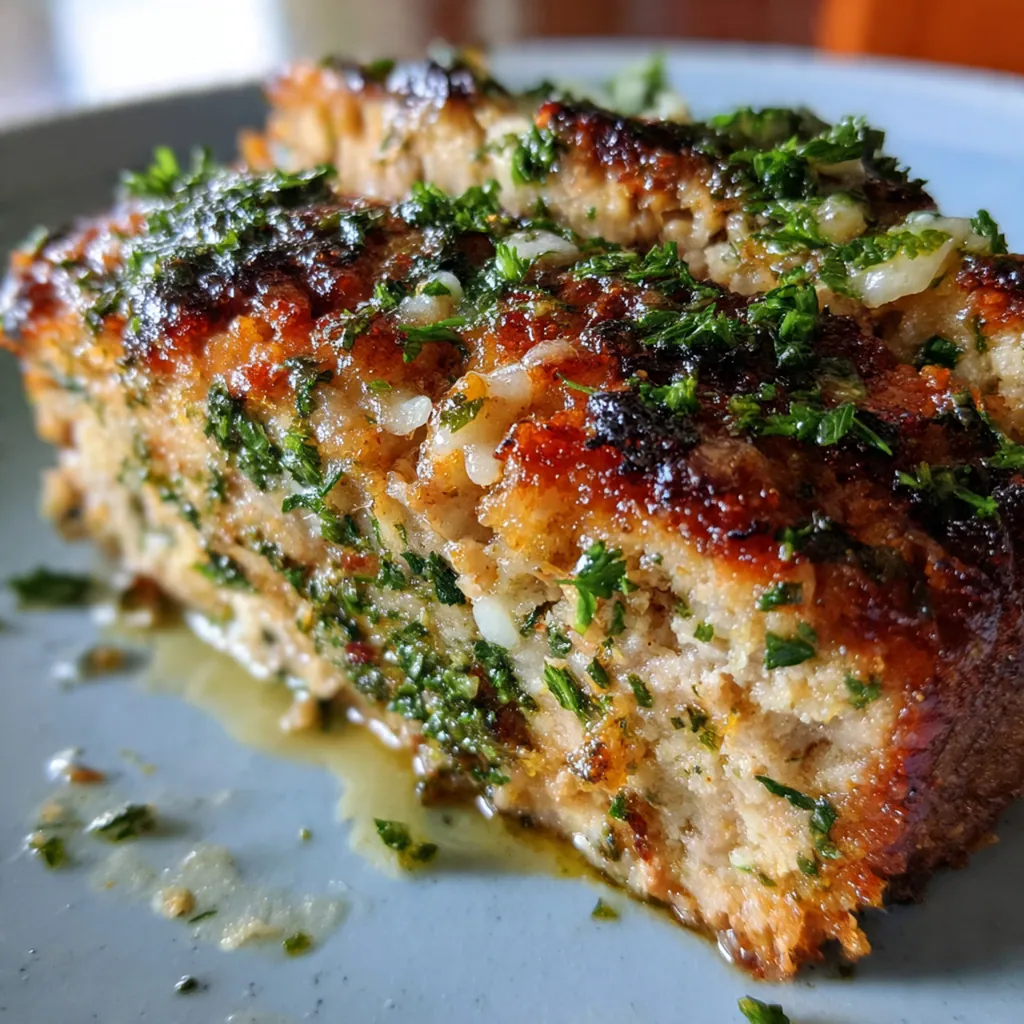 Slice of moist chicken meatloaf revealing flecks of parsley and melted Parmesan