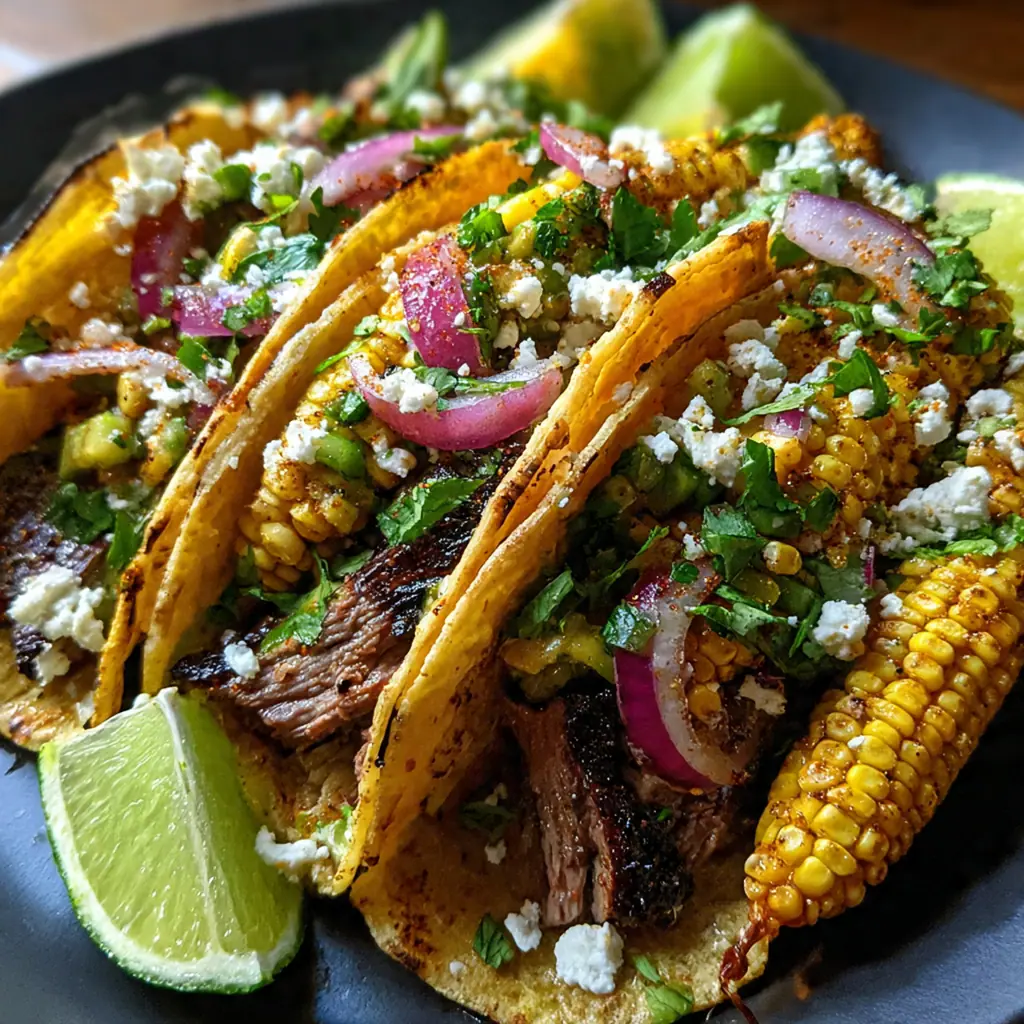 Close-up of a Grilled Elote Steak Taco with charred steak, vibrant corn sauce, and avocado slices on a warm tortilla