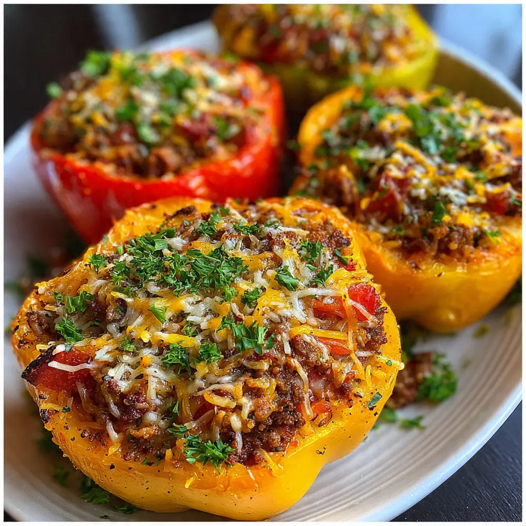 Close-up of a cut stuffed bell pepper revealing the savory interior with melted cheese