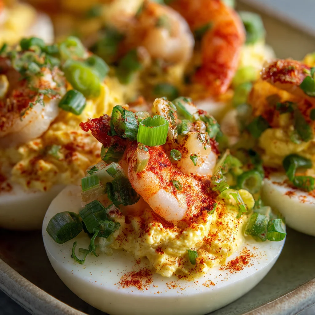 Overhead shot of ingredients for seafood boil deviled eggs including eggs, shrimp, Old Bay, and fresh celery