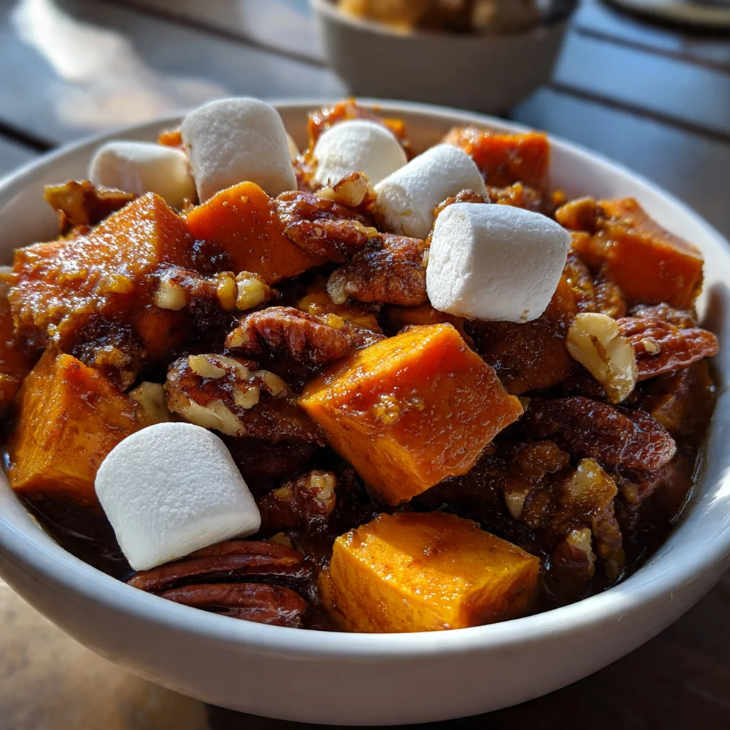 Close up of tender sweet potato slices coated in cinnamon-spiced syrup