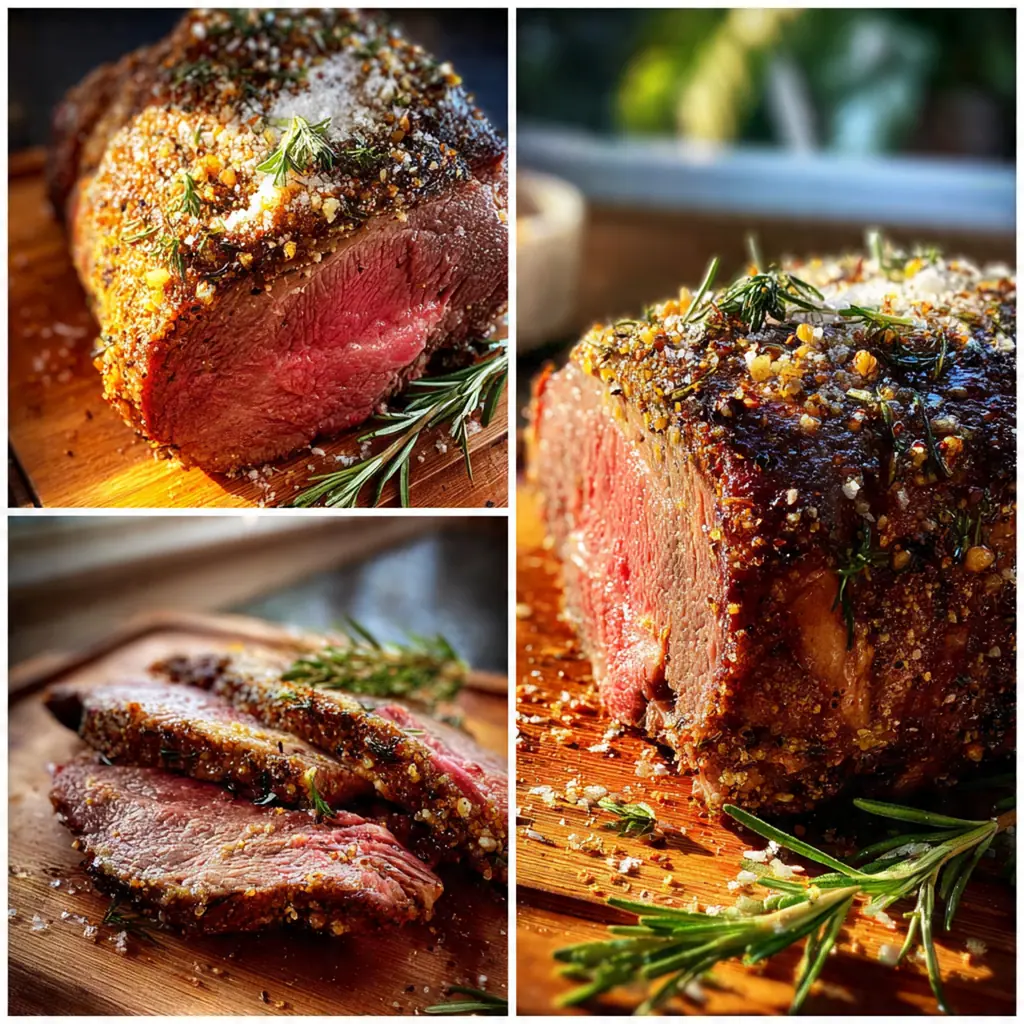 Close-up of a slice of perfectly medium-rare prime rib with a crisp, herb-flecked salt crust and juicy pink interior