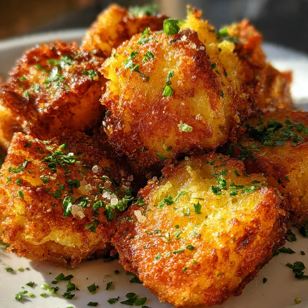 A serving platter of crispy mashed potato bites arranged around bowls of ranch dressing and marinara sauce for dipping