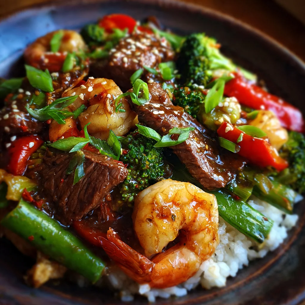 Close-up of tender beef and plump shrimp coated in rich hoisin sauce with crisp veggies