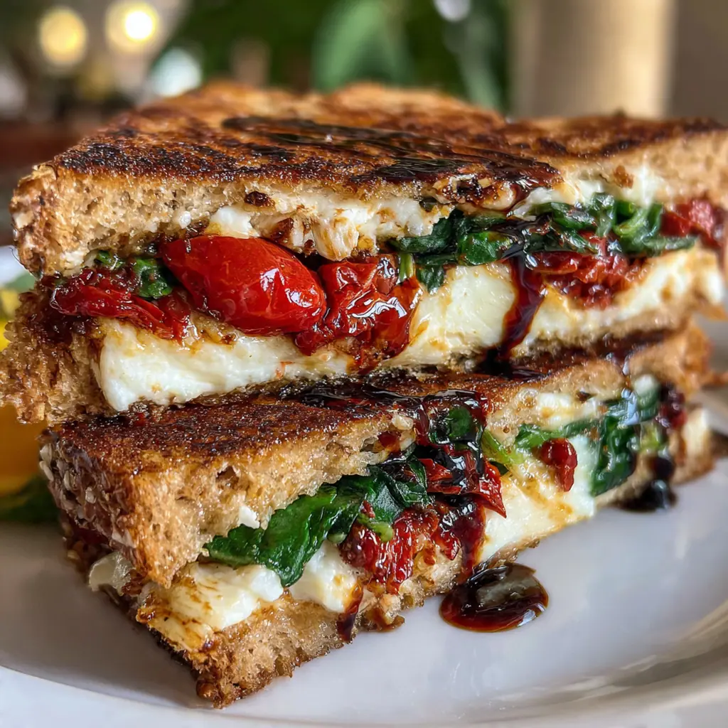Close-up of the sandwich filling showing kalamata olives, sun-dried tomatoes, and fresh basil