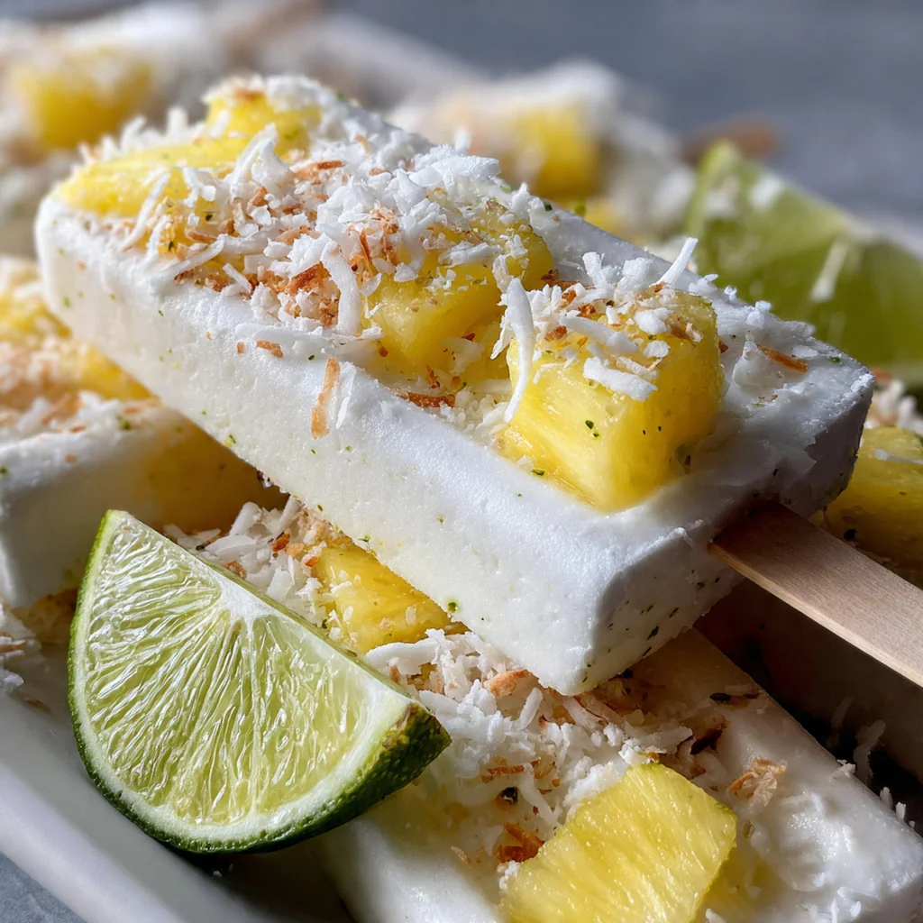 Close-up of a coconut popsicle drizzled with dark chocolate and sprinkled with shredded coconut