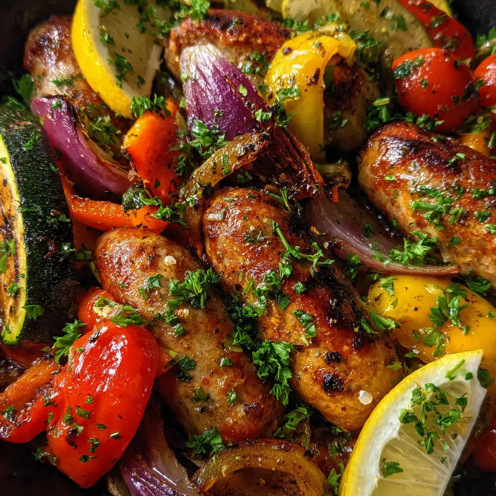 Close-up of sliced chicken sausage and roasted sweet potato cubes with seasonings