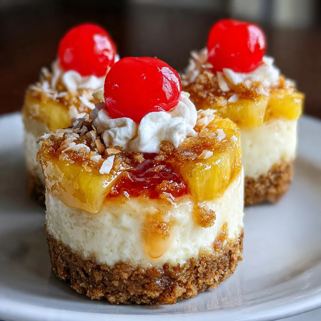 Close-up of mini pineapple upside down cheesecake with whipped cream dollop and toasted coconut flakes