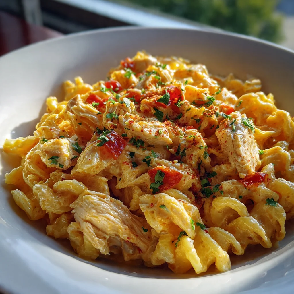 Close-up of a fork twisting through penne pasta coated in creamy cheese sauce with chicken and tomatoes.