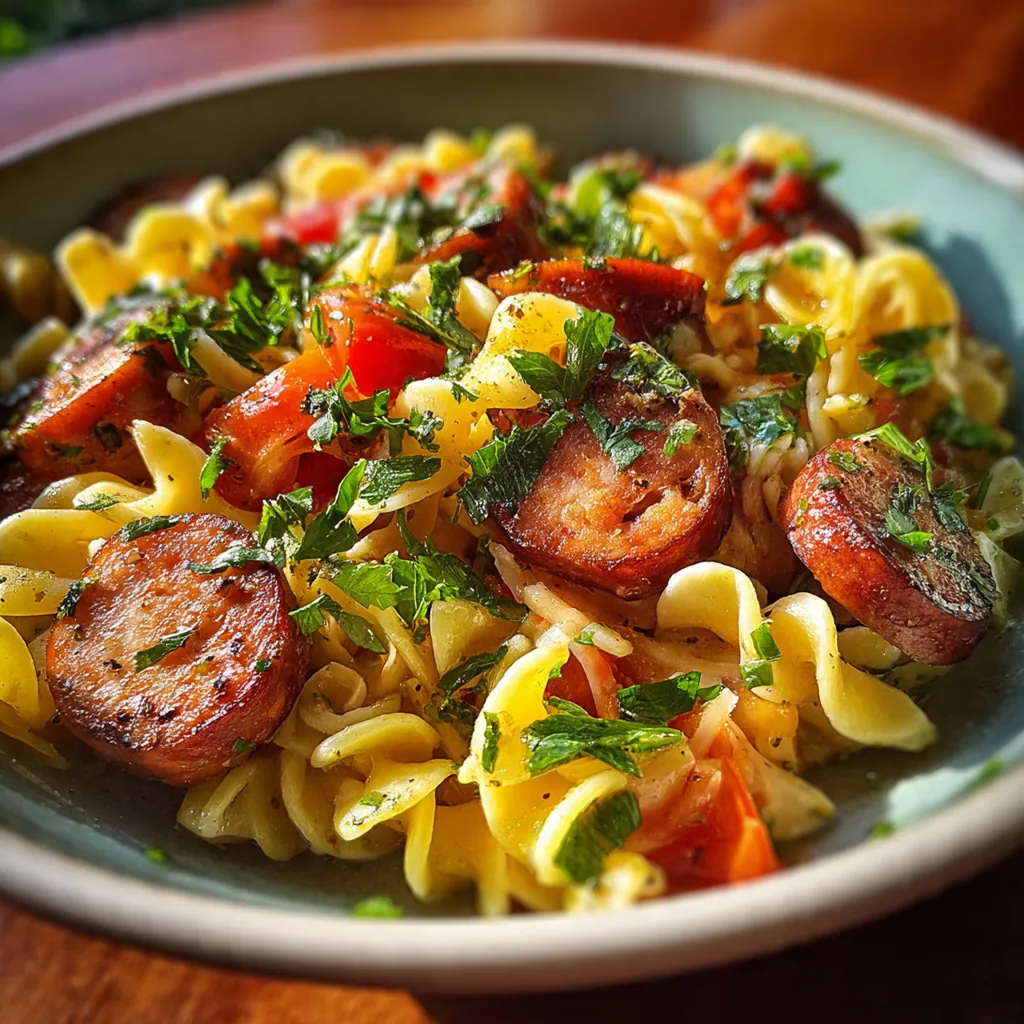 Close-up view of a bowl filled with smoky sausage and pasta in a rich tomato cream sauce