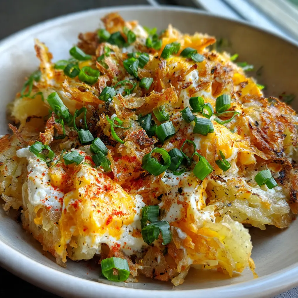 A complete brunch plate with a slice of hash brown casserole, sunny-side-up eggs, crispy bacon, and fresh chives