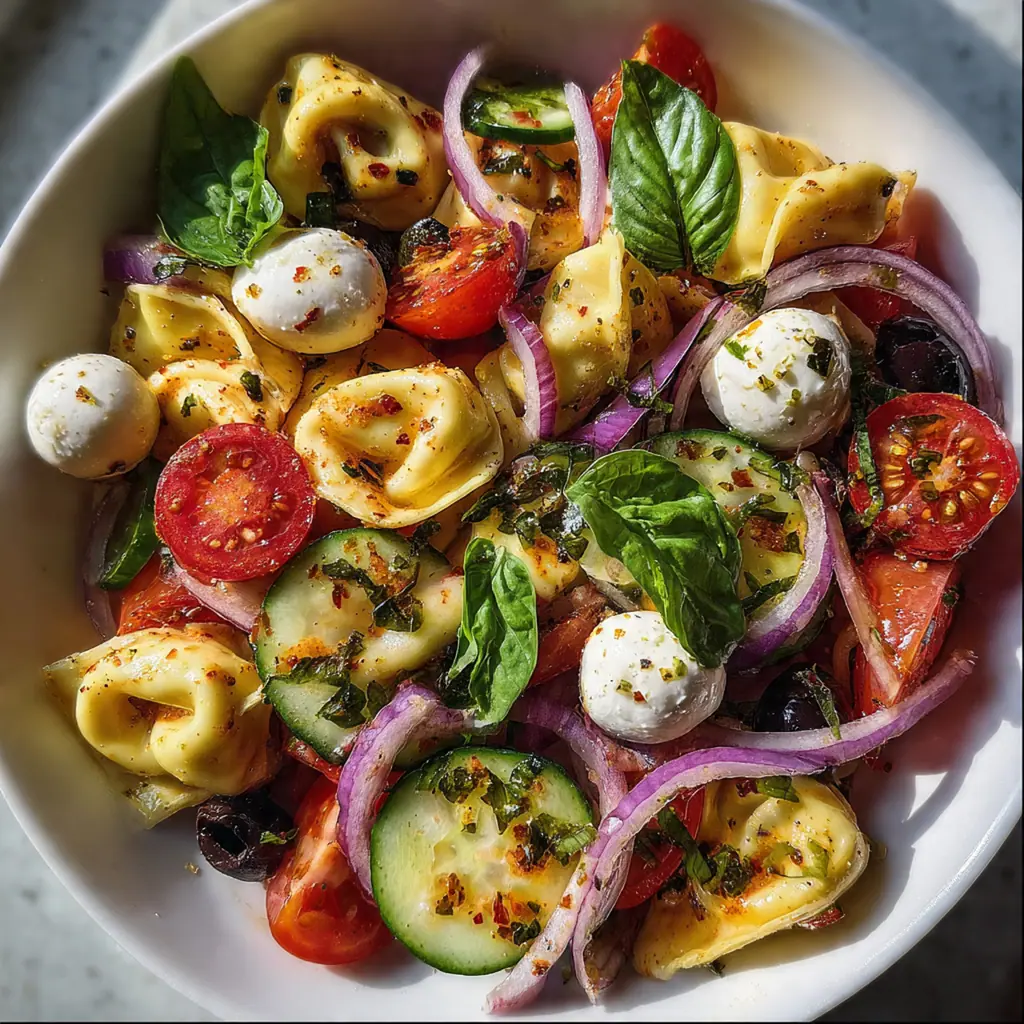 Close-up side view of the pasta salad showing the glossy vinaigrette coating the tortellini and colorful vegetables