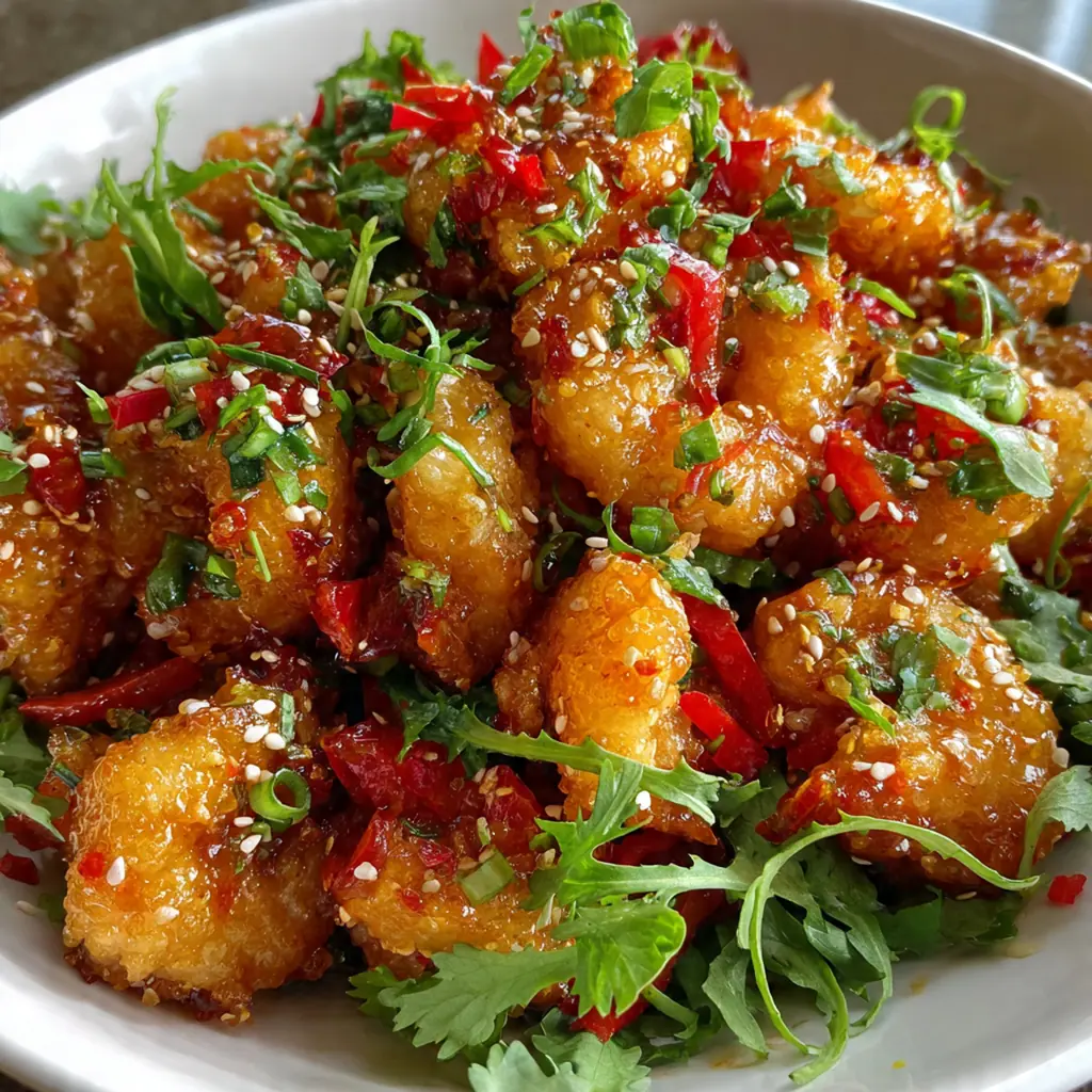 A white bowl filled with firecracker shrimp garnished with fresh cilantro and sliced red chilies