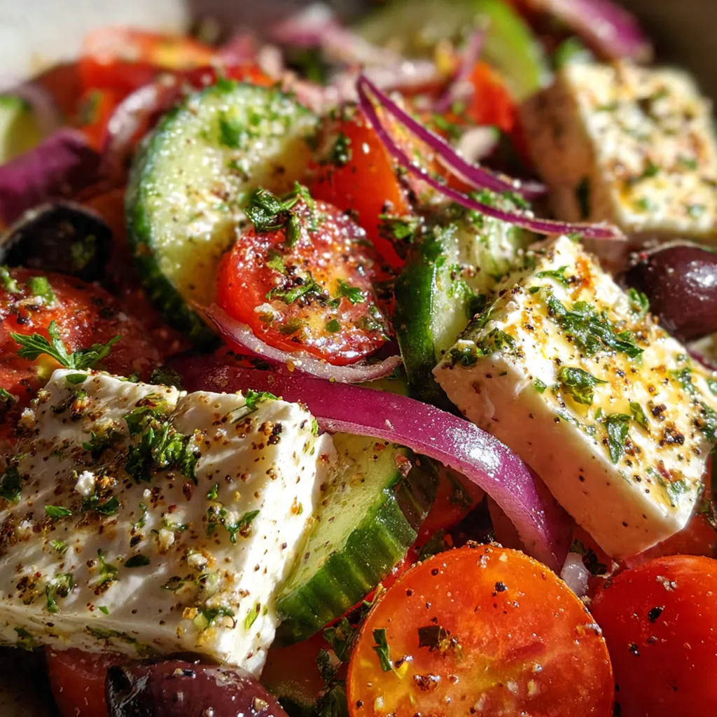 A beautiful plated serving of the salad next to grilled chicken and warm pita bread