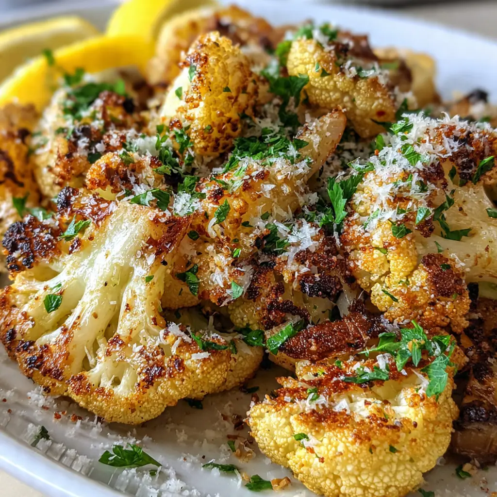 Close-up of a fork lifting a perfectly roasted cauliflower floret with crispy, cheese-crusted edges