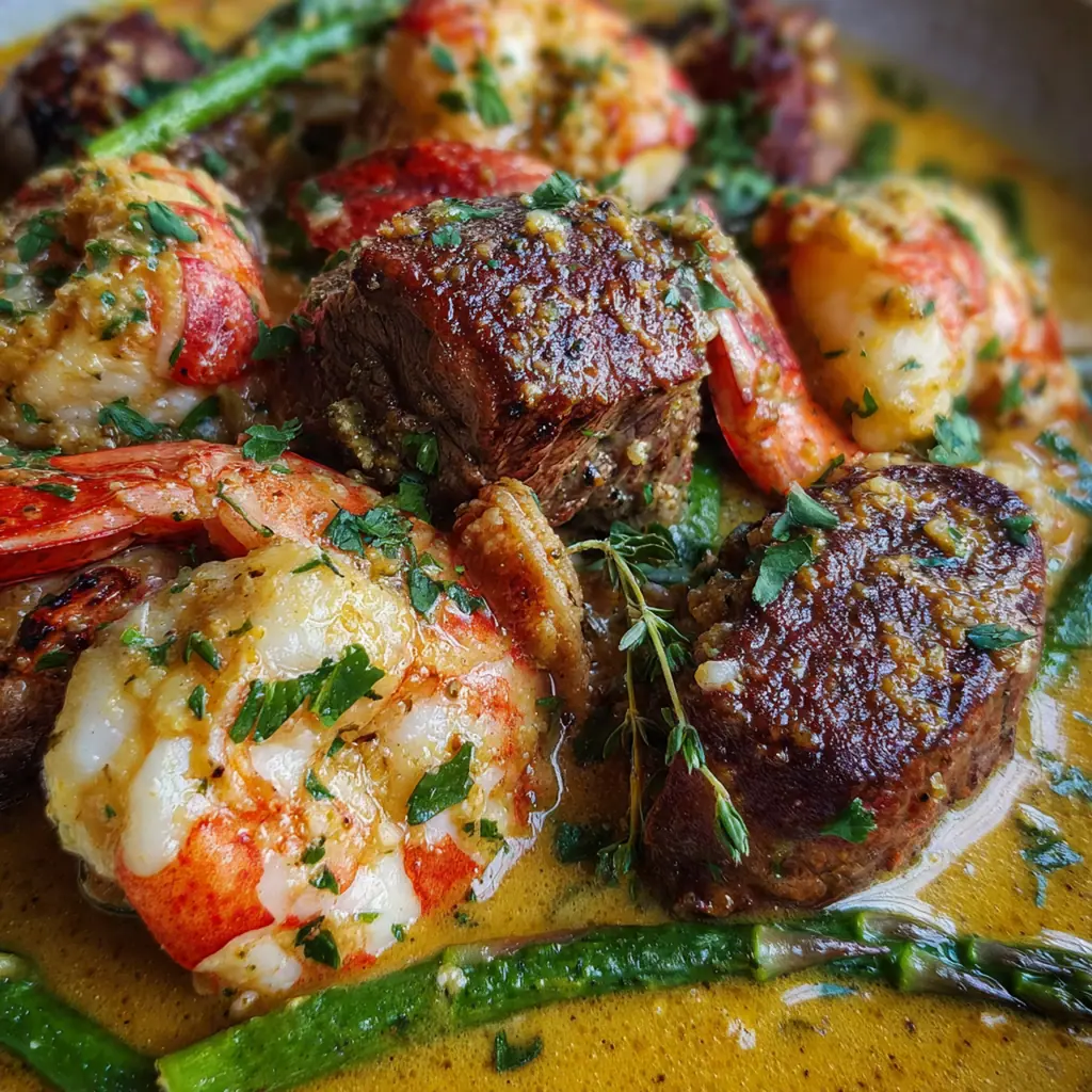 An elegant dinner plate featuring Surf Turf Lobster Sauce Delight served with creamy mashed potatoes, roasted asparagus, and a lemon wedge
