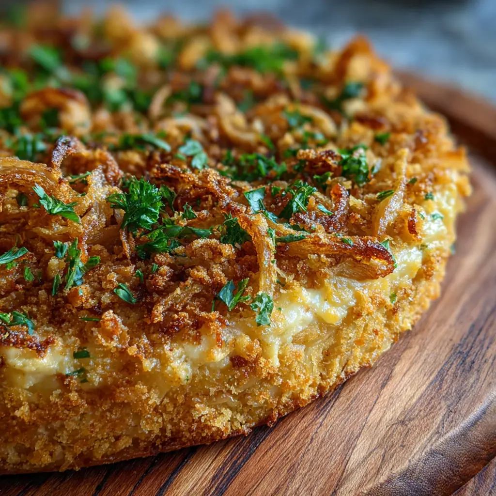 Close-up of a scoop showing layers of tender onions and melted cheese pulling apart