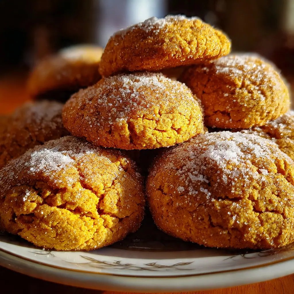 A festive fall plate with soft pumpkin snickerdoodles, a mug of coffee, and whole pecans scattered around