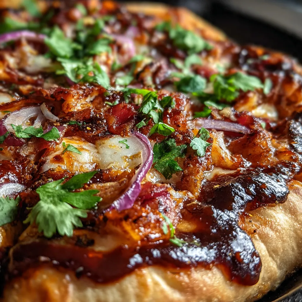 Overhead shot of the pizza on a cutting board garnished with fresh cilantro and extra barbecue sauce drizzled