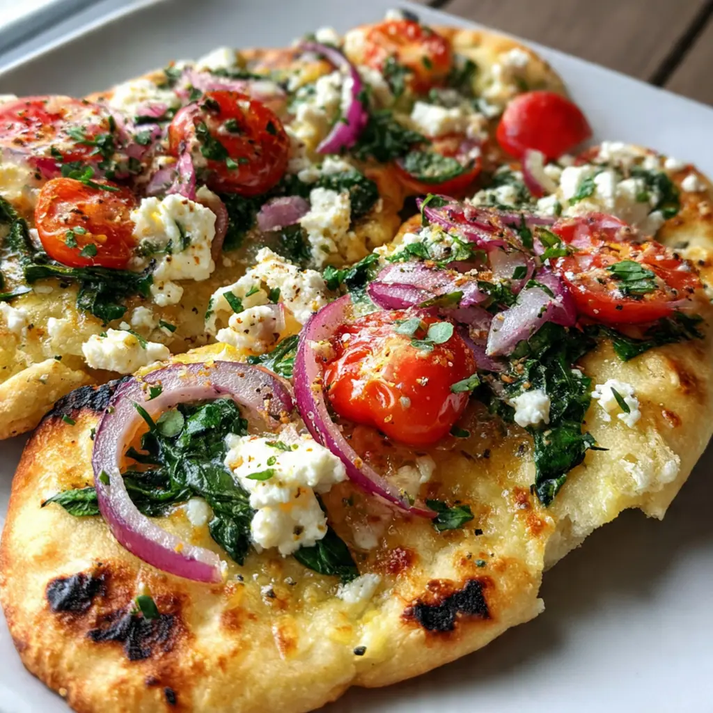 Close-up of a crispy naan slice showing creamy feta melting around roasted vegetables and toasted pine nuts