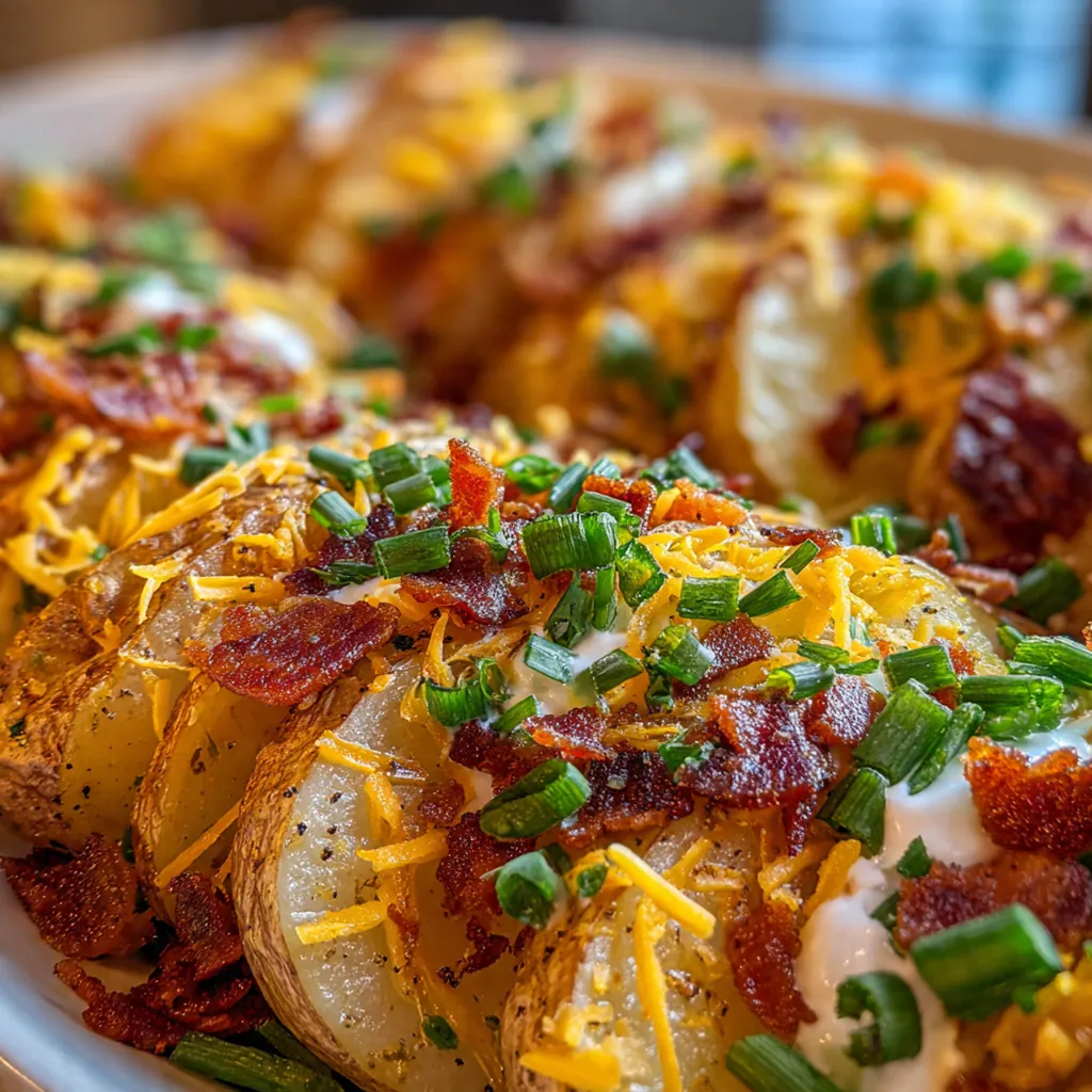 Close-up of a perfectly fanned potato with gooey cheese dripping between each crispy slice