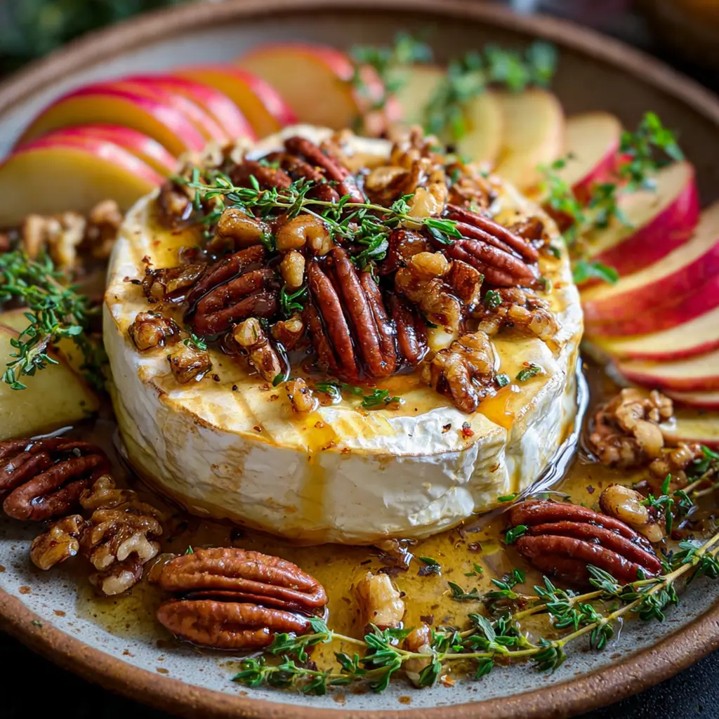 Close-up of a knife slicing into gooey baked brie topped with caramelized apples and fresh thyme