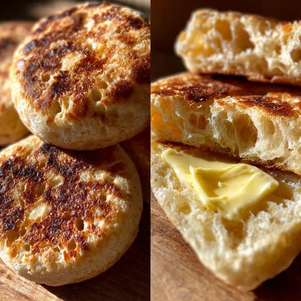 Arrangement of rustic crumpets on a wooden board with honey and clotted cream