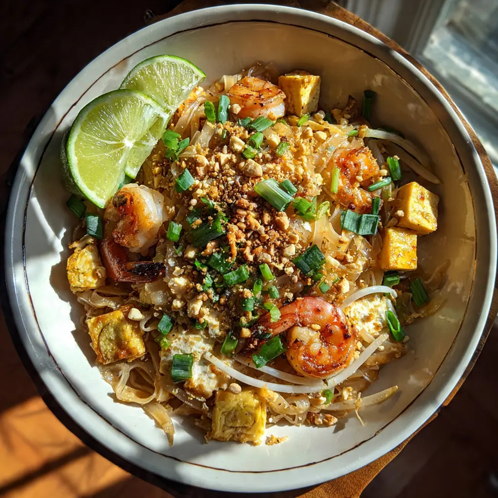 Freshly plated Easy Pad Thai topped with chopped peanuts green onions and lime wedges on a white bowl