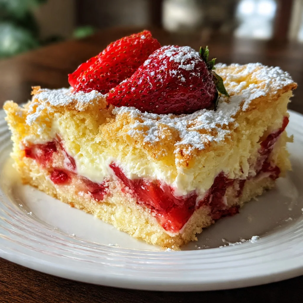 A slice of strawberry cheesecake dump cake on a plate next to fresh strawberries and a scoop of vanilla ice cream