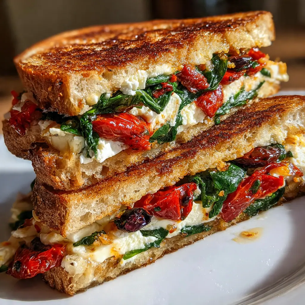 A plated sandwich served with a side of Greek salad and tzatziki sauce for dipping