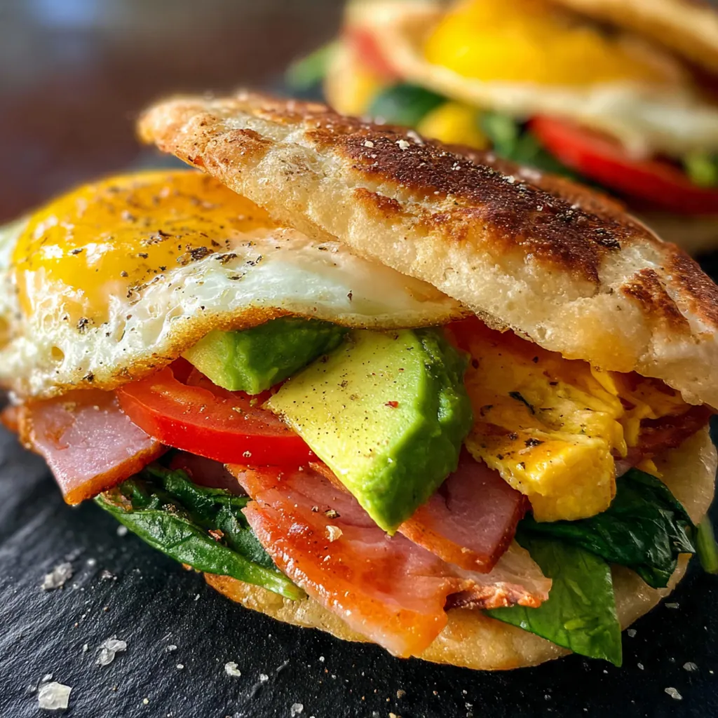Overhead shot of a complete breakfast sandwich on a plate with fresh tomato and lettuce