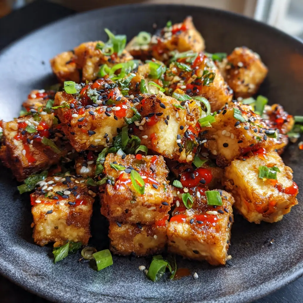A single crispy tofu cube on a fork showing the tender interior and crunchy exterior