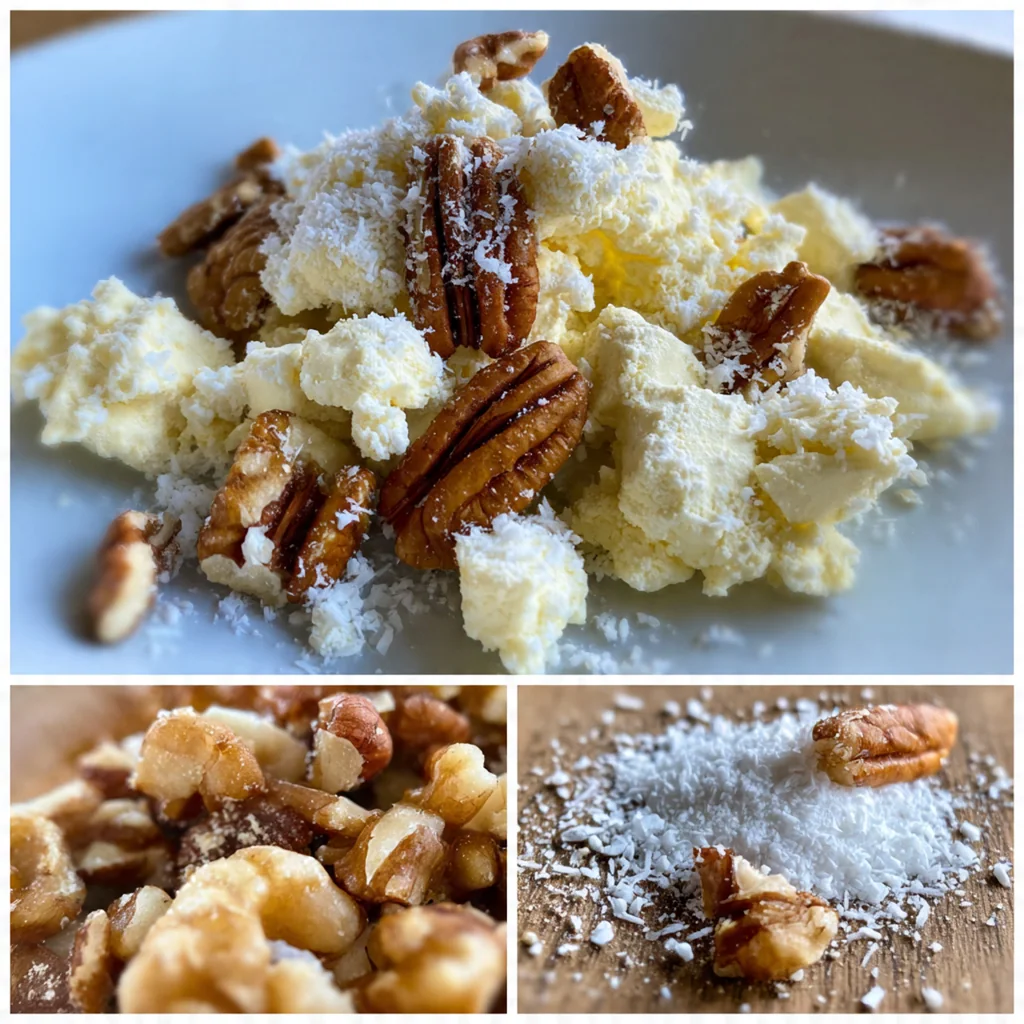 A festive holiday gift tin opened to reveal pastel pink and white divinity candies nestled inside
