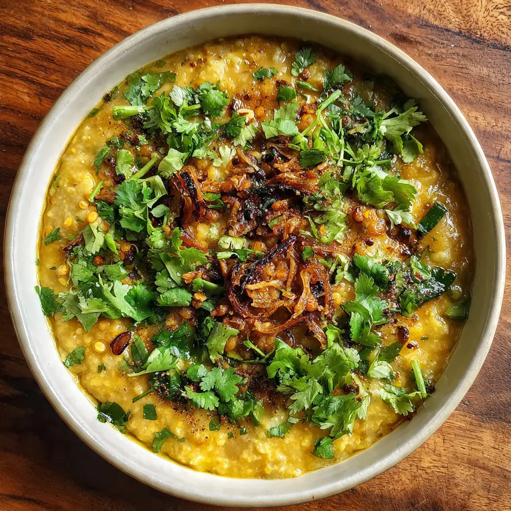 Close-up of steel-cut oats and lentils simmering with spices in a Dutch oven