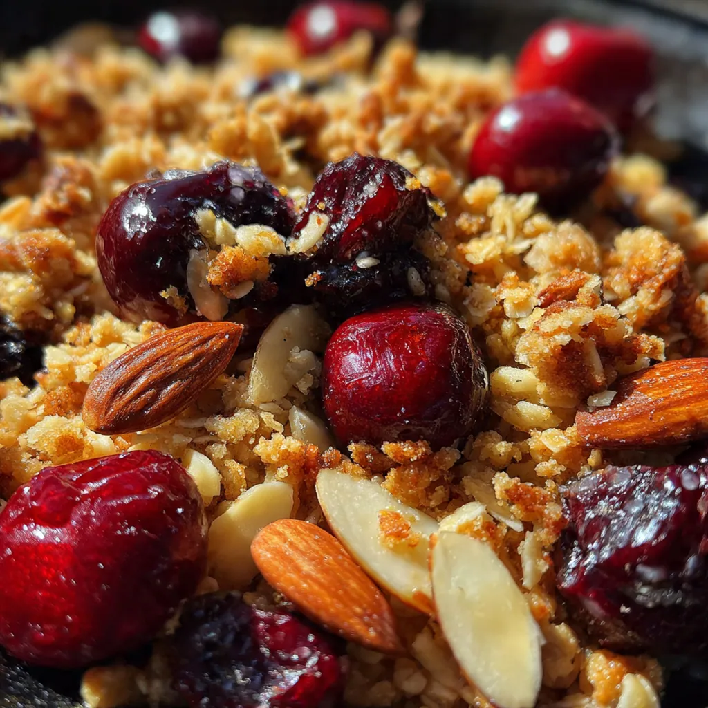 Overhead view of the crisp ingredients: fresh cherries, oats, almonds, and maple syrup