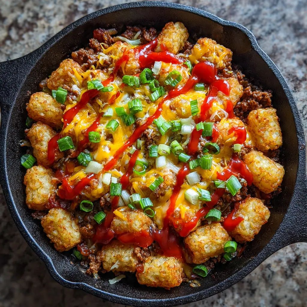 Close-up of a spoon scooping into the baked skillet, showing the layers of saucy Sloppy Joe meat and crispy tots