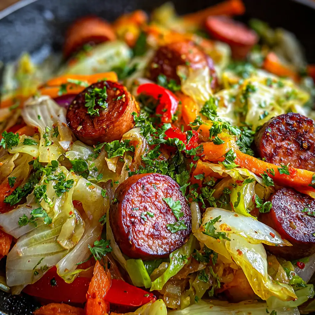 A full dinner plate featuring the cabbage kielbasa skillet with a side of crusty bread and pickles