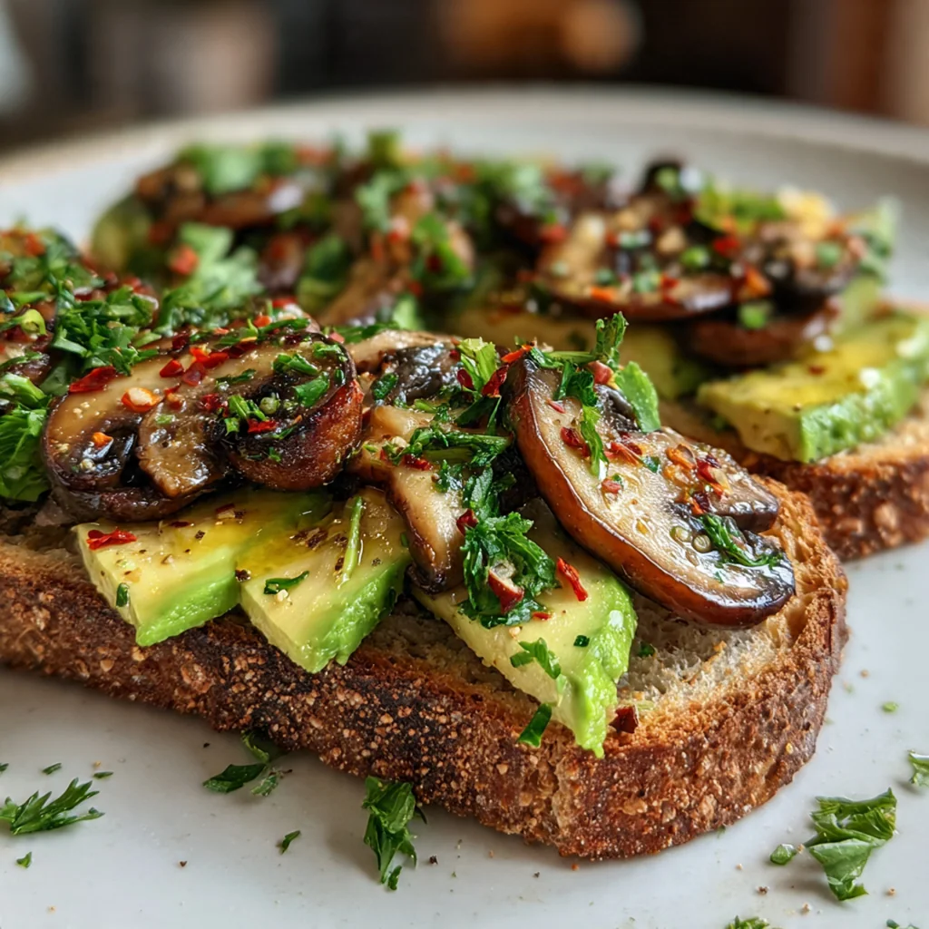 A top-down view of the cooking process showing sautéed mushrooms in a skillet next to mashed avocado and lemon.
