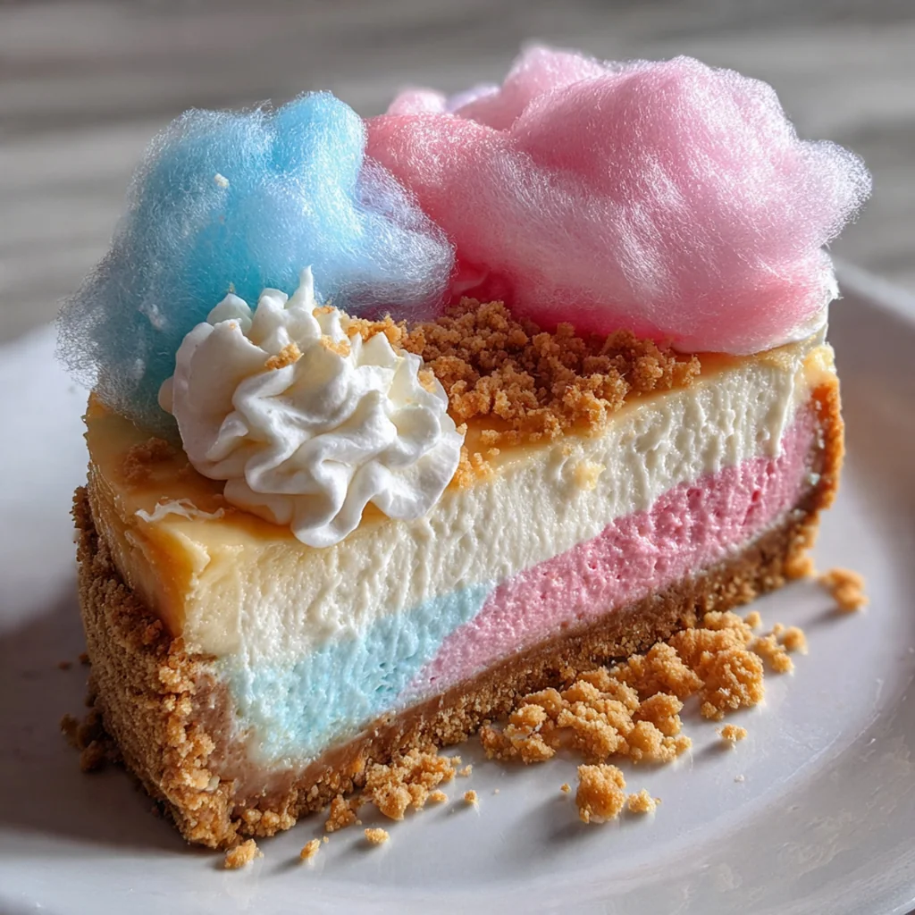 Whole cotton candy cheesecake decorated with crushed pink sugar and a large candy cloud.