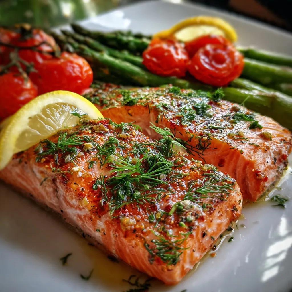 A complete dinner plate featuring lemon herb baked salmon alongside roasted asparagus and fluffy quinoa
