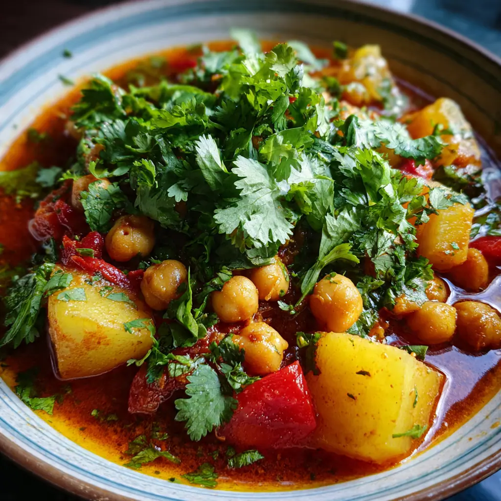 Golden turmeric-spiced curry with tender potato cubes and chickpeas over steaming basmati rice